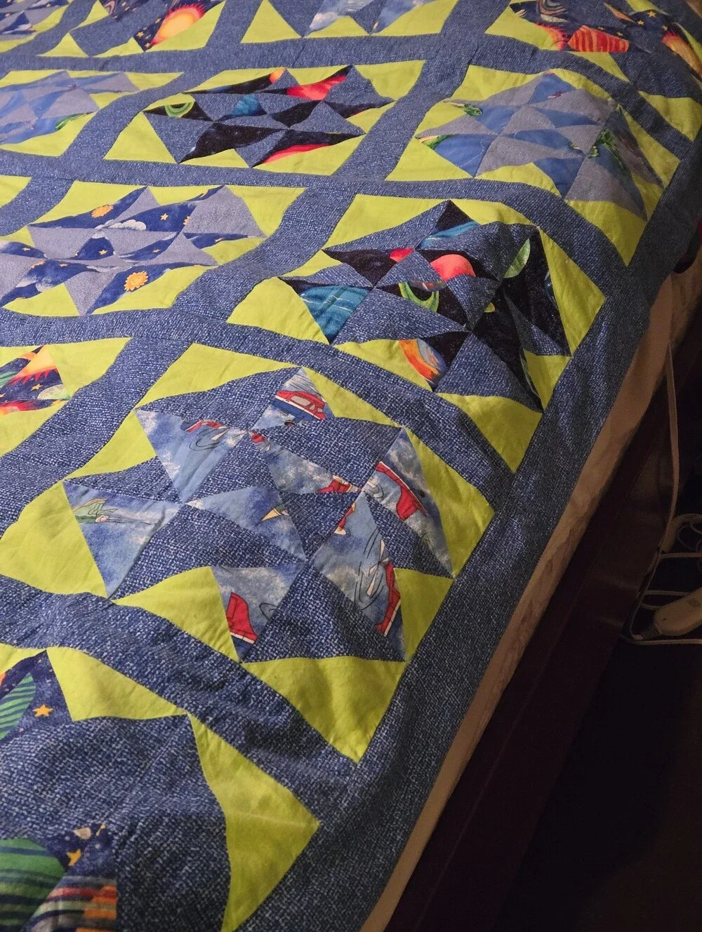Patchwork COTTON QUILT  FULL/QUEEN SZ BLUE GRN Stars Planets 4 Cards Motif Cabin